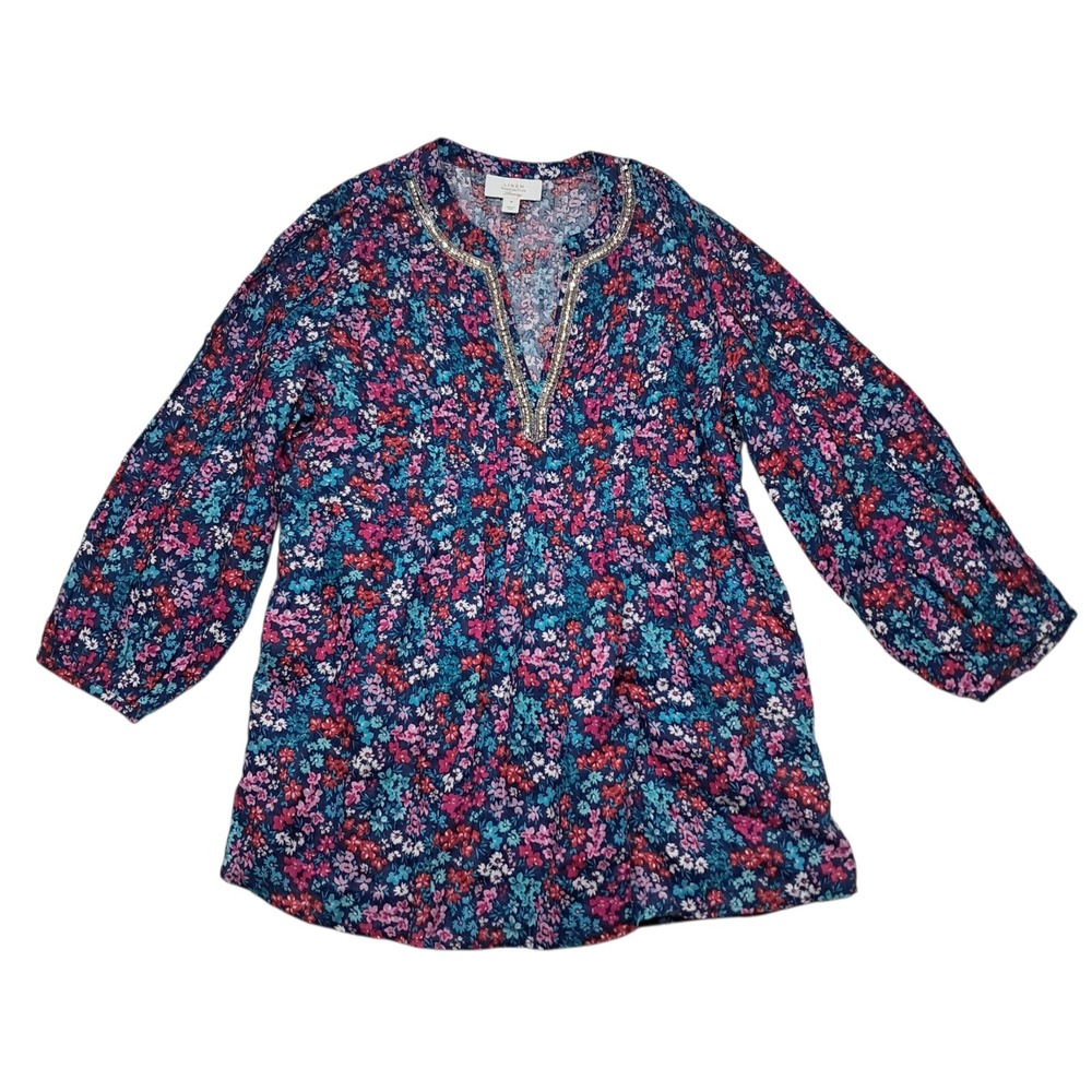 Charter Club Top Women's Medium Blue Floral Bejeweled Garden‎ Print 100% Linen
